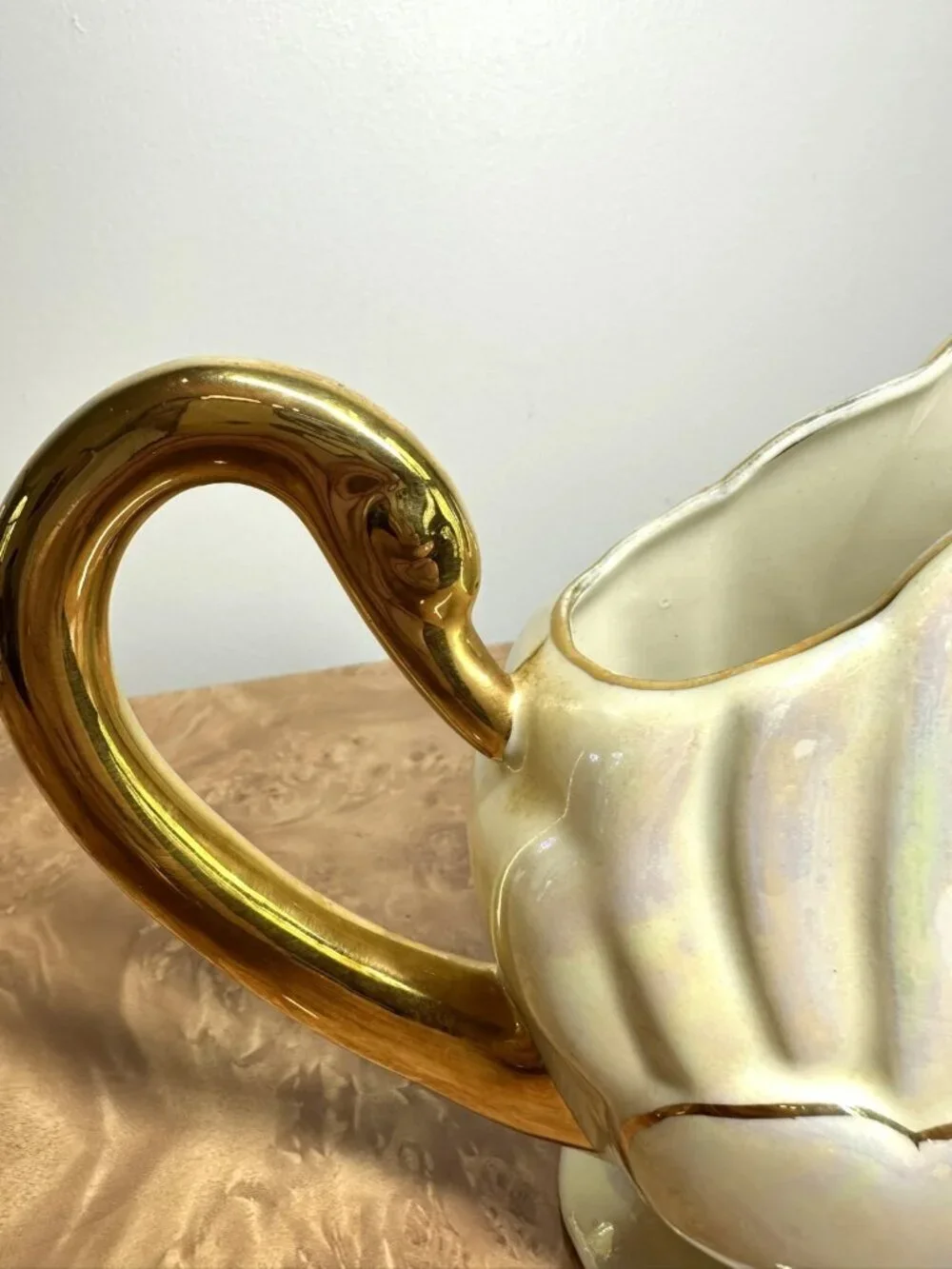 Vintage Lustreware Cornucopia Gravy Boat Swan Handle 22K Gold Trim Iridescent